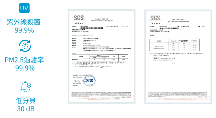 SGS紫外線消毒和過濾PM2.5報告